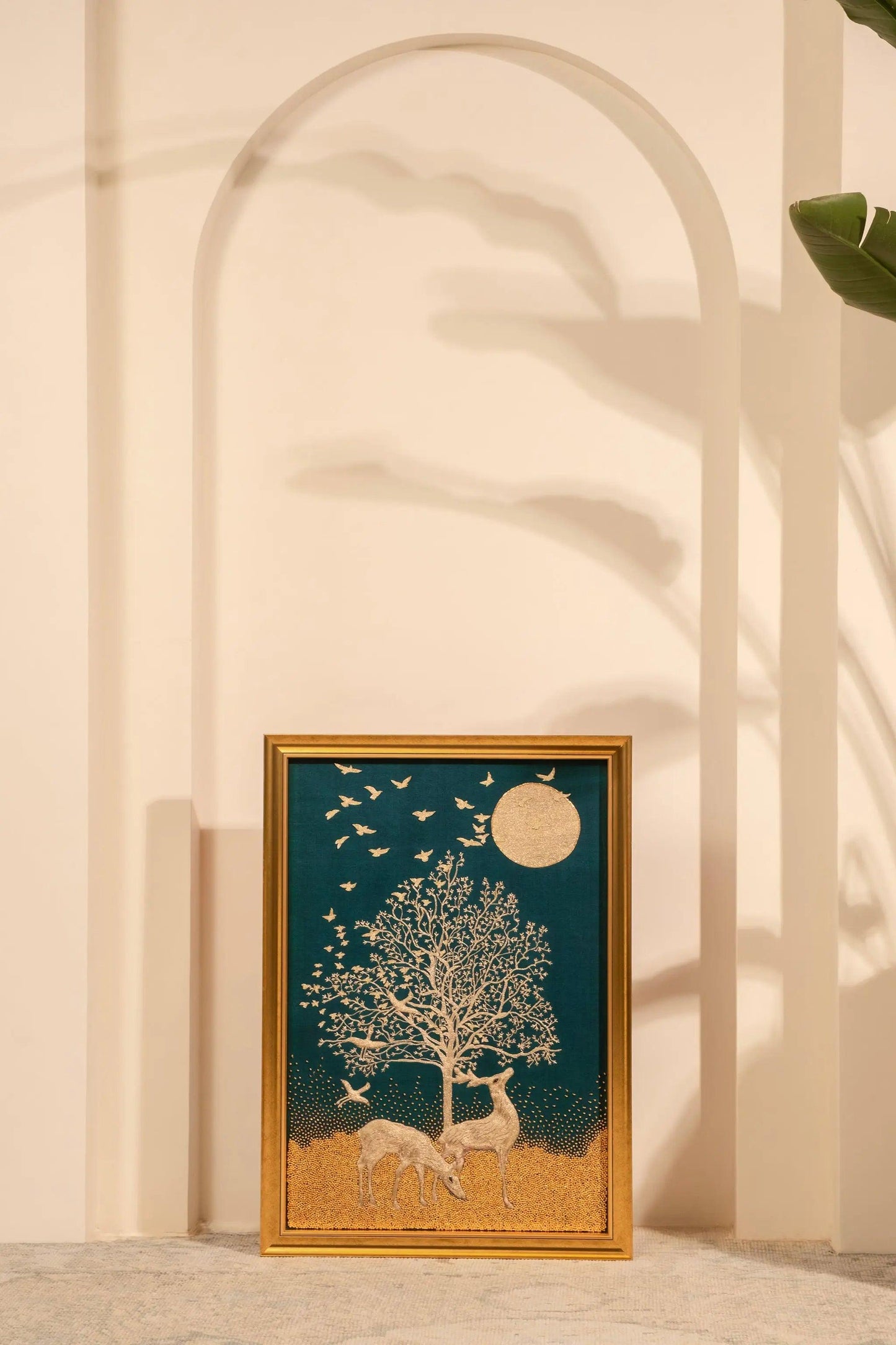 Tree of life deer embroidery gold ornate frame teal amber nature art Indian heritage wall decor moon birds handmade Iragai