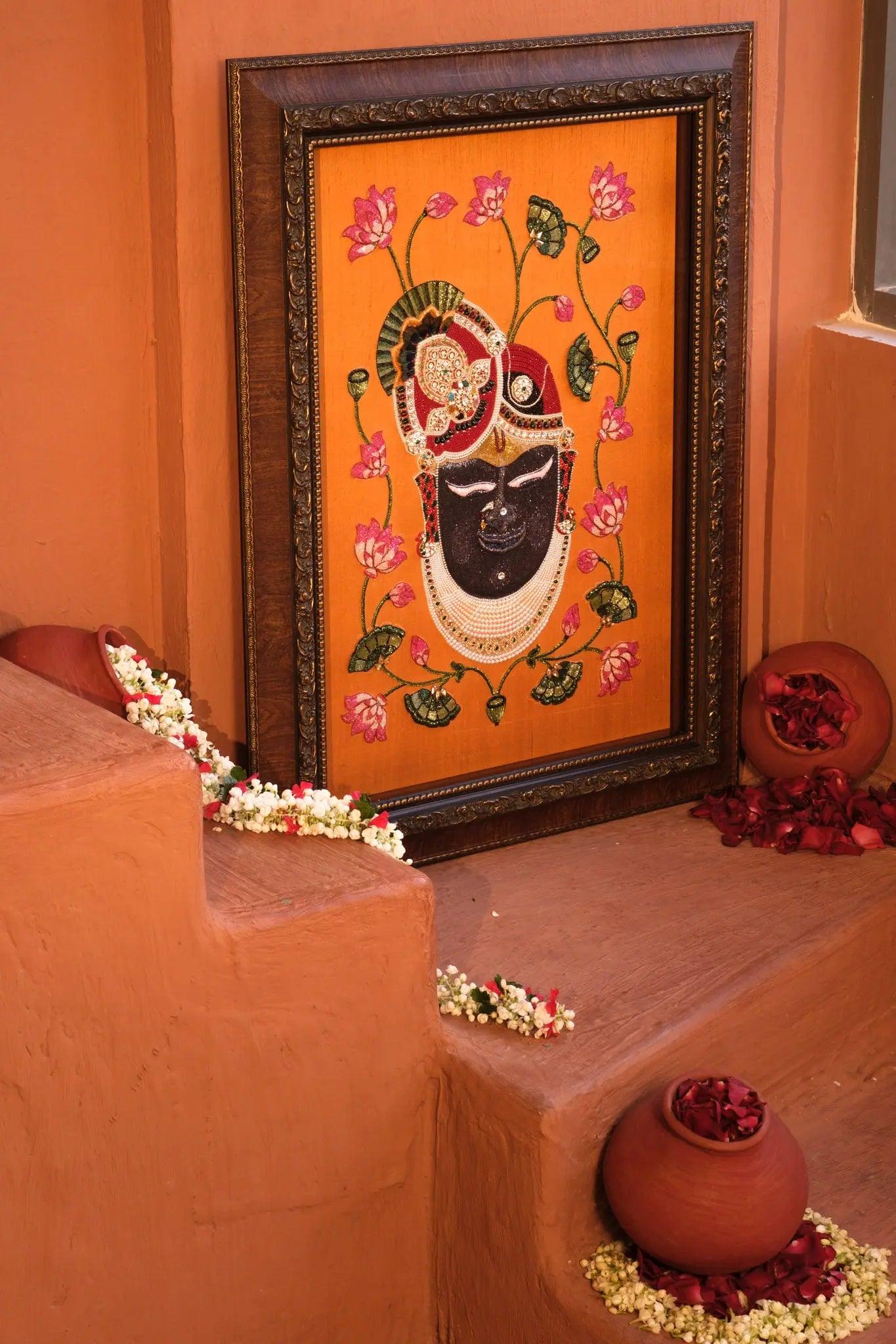 Traditional Pichwai art of Lord Krishna embroidered with pearls and lotus flowers, elegant wall frame by Iragai.