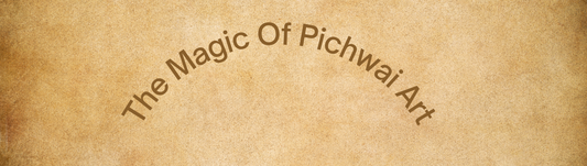 Handcrafted Pichwai painting featuring detailed depictions of Lord Krishna’s life with symbols like cows and lotus flowers.