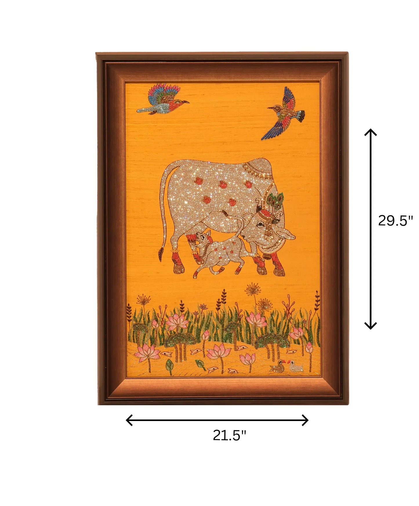 Decorative wall art with a cow and calf design on an orange background, framed in brown.