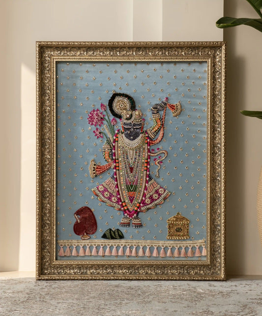 Shrinathji Pichwai embroidery art with Italian glass beads on sky blue fabric gold ornate frame handmade Indian wall decor
