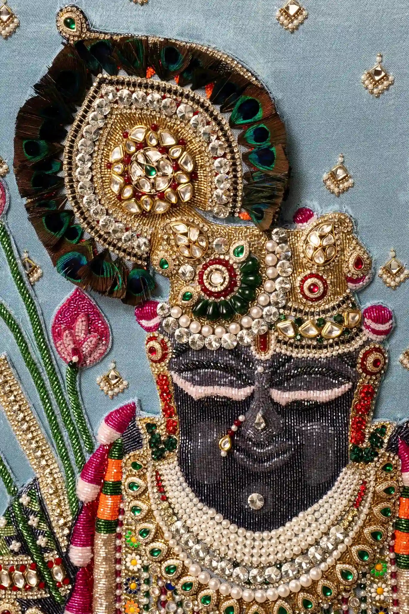 Handmade Shrinathji beaded artwork pearl jewelry embroidery sky blue Pichwai art ornate gold frame luxury Indian home decor