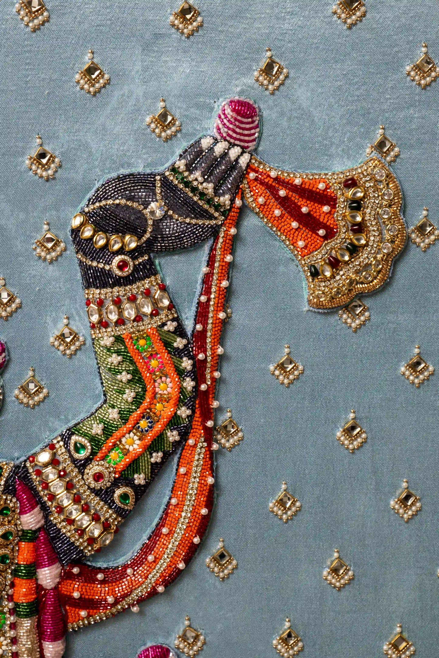 Premium Pichwai style Shrinathji embroidery Italian glass bead work sky blue silk gold carved frame museum quality Indian art