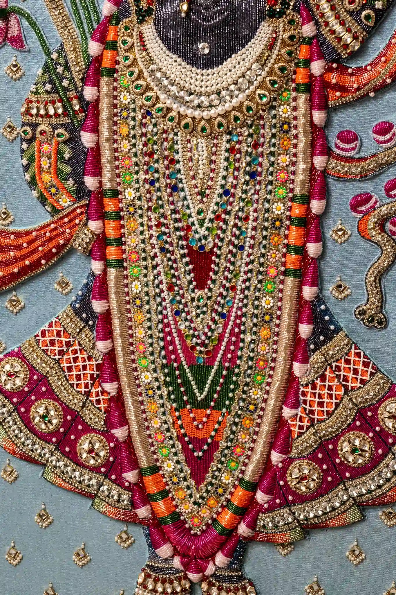 Shrinathji Krishna Pichwai embroidered frame with Italian beads pink lotus flowers gold ornate border traditional Indian wall art