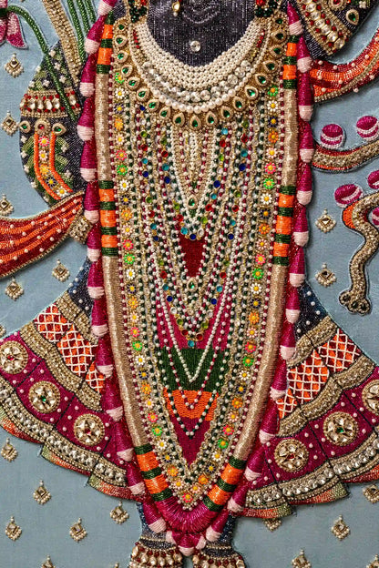 Shrinathji Krishna Pichwai embroidered frame with Italian beads pink lotus flowers gold ornate border traditional Indian wall art
