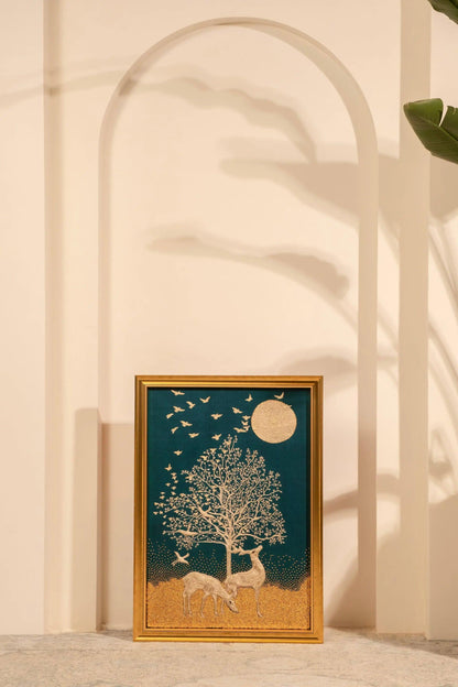 Tree of life deer embroidery gold ornate frame teal amber nature art Indian heritage wall decor moon birds handmade Iragai