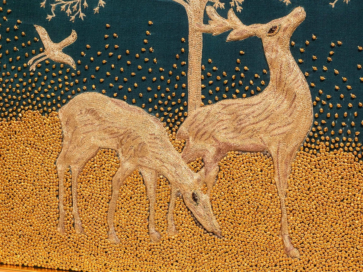 Golden tree embroidery with deer under full moon teal blue fabric amber beadwork gold frame handmade Indian wall art