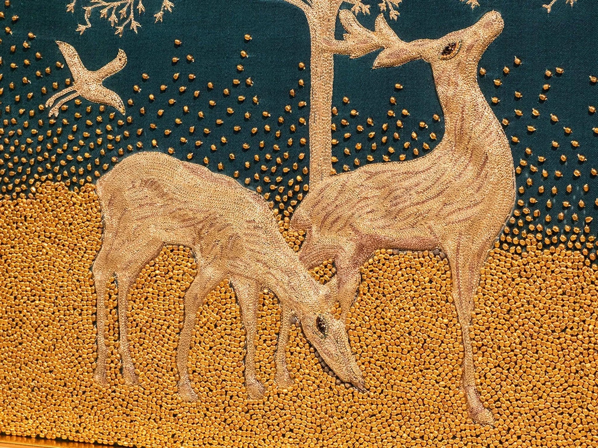 Golden tree embroidery with deer under full moon teal blue fabric amber beadwork gold frame handmade Indian wall art