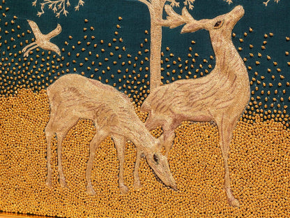 Golden tree embroidery with deer under full moon teal blue fabric amber beadwork gold frame handmade Indian wall art