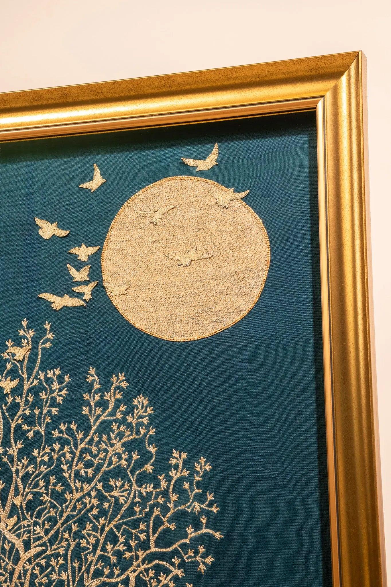 Golden full moon embroidery teal peacock blue silk fabric scattered bead dots birds in flight handcrafted wall art detail
