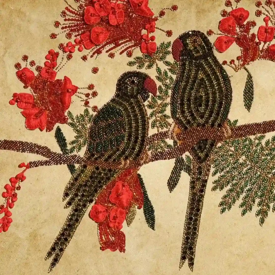 Two birds on a branch with red flowers on a textured beige background