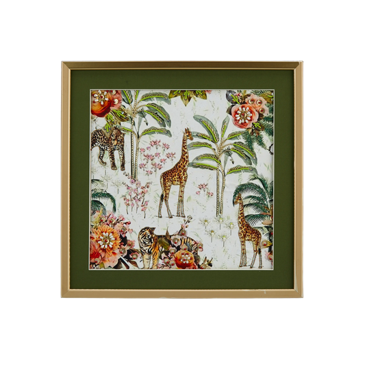 Safari wildlife beaded tapestry with giraffe leopard tiger Italian embroidery olive green matting gold metallic frame handmade maximalist jungle wall art